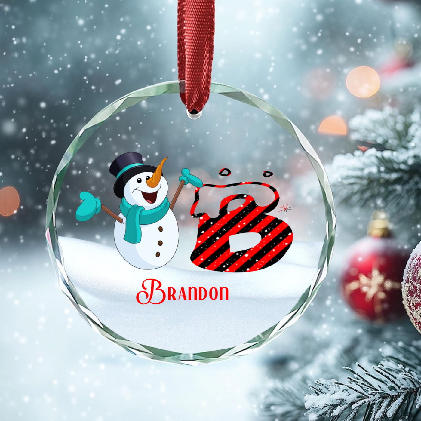 Personalized Namesake Christmas Crystal Glass Ornament | Snowman and Initial Design